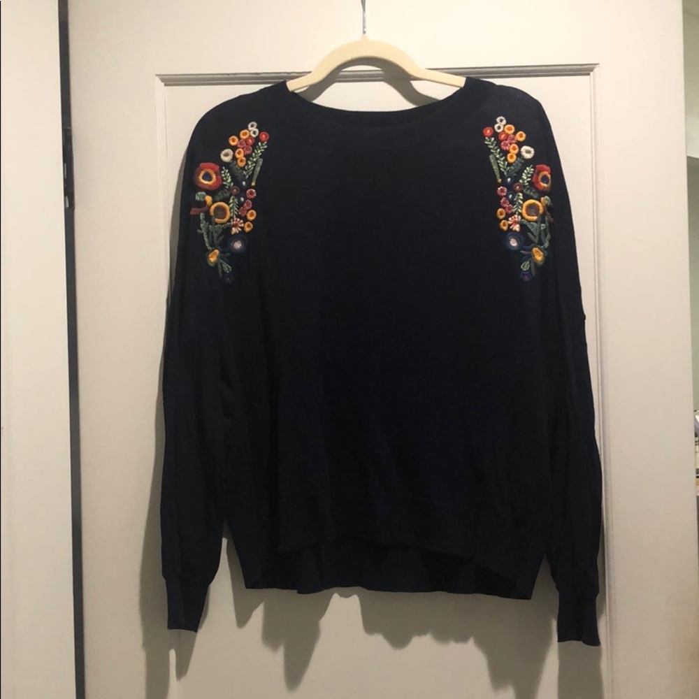 ZARA thin embroidered crew neck Navy long sleeve